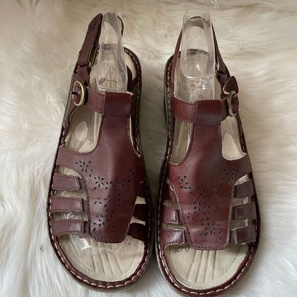 PW minor leather brown wedge adjustable Velcro strap sandals size 9 - Picture 2 of 10